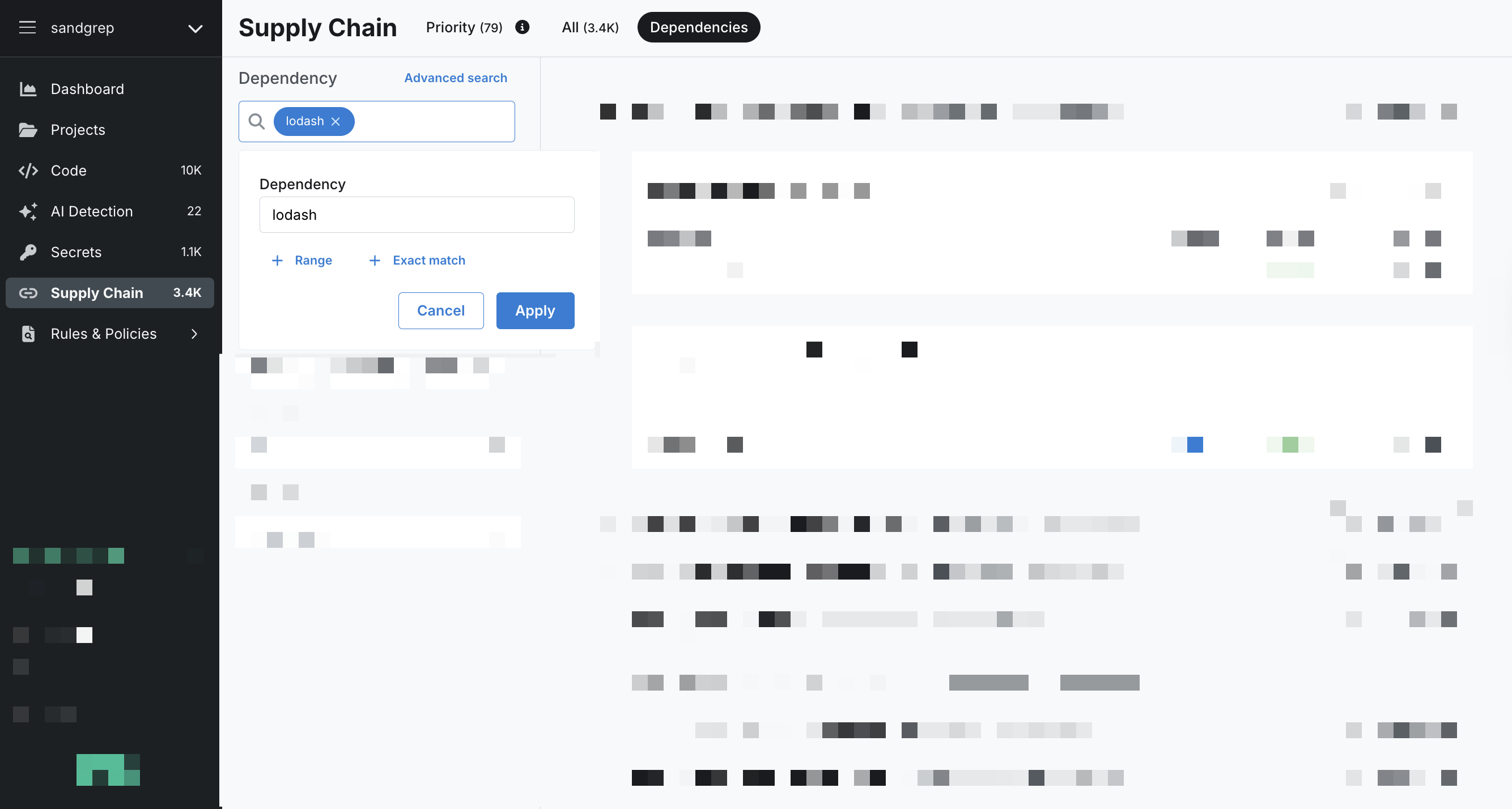 Sample dependency search for lodash4.17 or later.