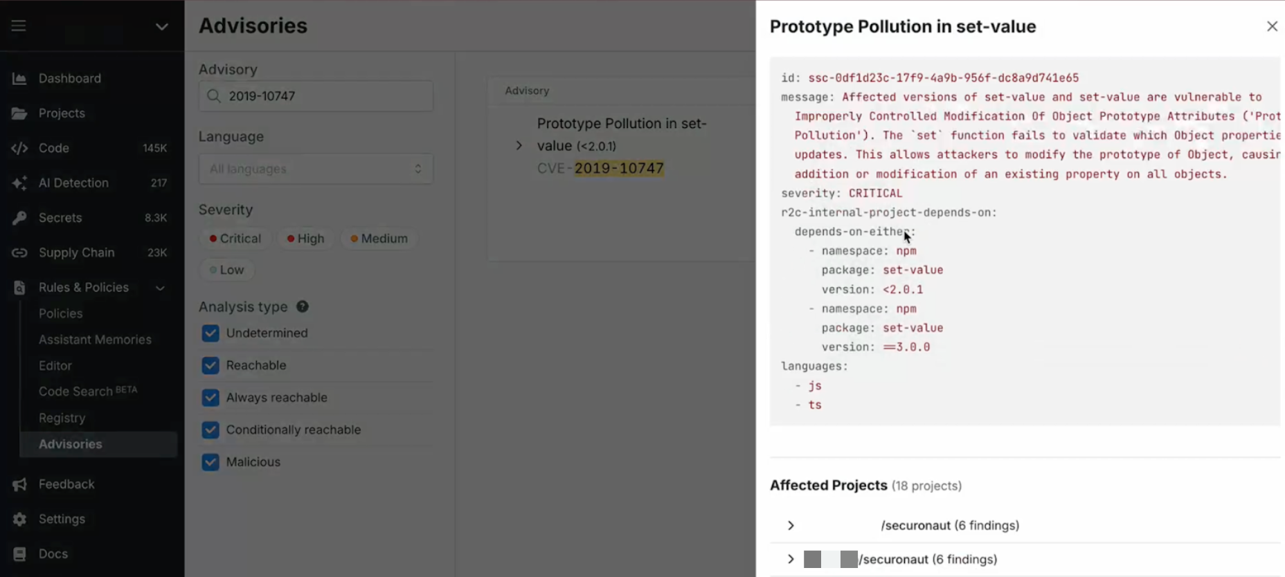 View affected projects for a specific advisory.